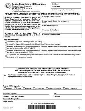Texas DWC Form-045A Request for Medical Contested Case Hearing