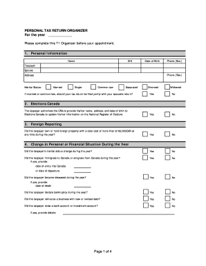 Canada T1 Personal Tax Return Organizer