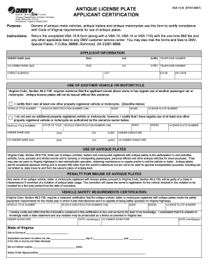 Virginia Antique License Plate Application