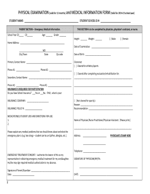 Student Physical Exam and Medical Information Form