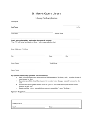 St. Mary’s County Library Card Application