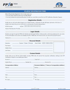 Student Registration Form for CFP Certification
