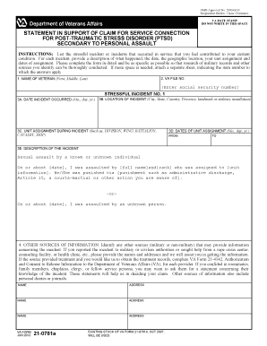 VA Form 21-0781a Statement in Support of Claim for PTSD