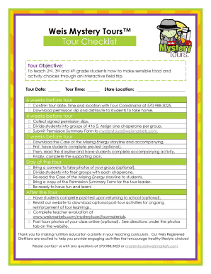 Weis Mystery Tours Tour Checklist