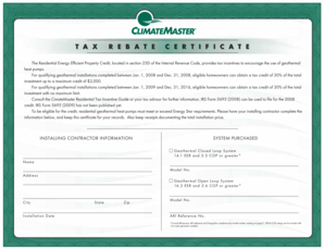 Tax Rebate Certificate for Geothermal Heat Pumps