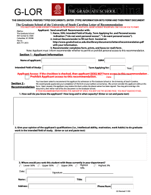 University of South Carolina Graduate School Letter of Recommendation