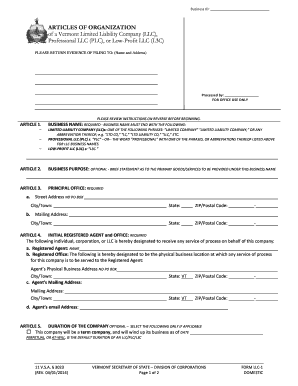 Vermont Articles of Organization for LLC