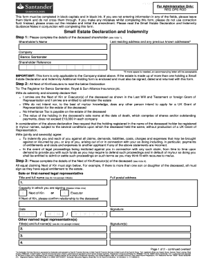 Small Estate Declaration and Indemnity Form