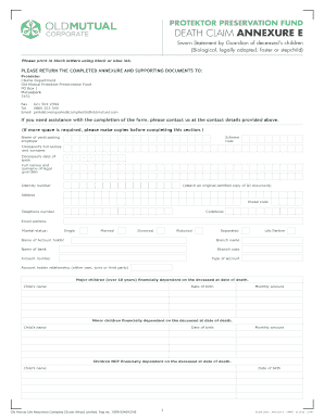 In case of death template - PROTEKTOR PRESERVATION FUND DEATH CLAIM ANNEXURE E Sworn Statement by Guardian of deceased s children (Biological, legally adopted, foster or stepchild) Please print in block letters using black or blue ink