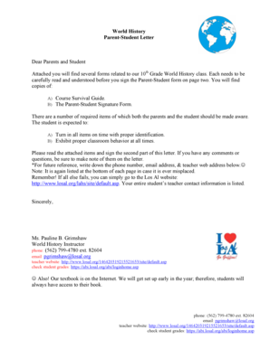 World History Parent-Student Letter