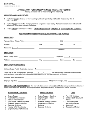 Michigan Immediate Need Mechanic Testing Application