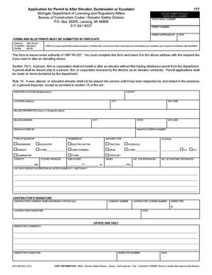 Application for Permit to Alter Elevator, Dumbwaiter or Escalator