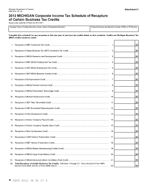 Michigan Corporate Income Tax Schedule of Recapture of Certain Business Tax Credits