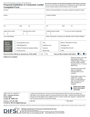 Michigan DIFS Financial Institution Complaint Form