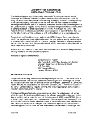 Affidavit of Parentage Form DCH-0682