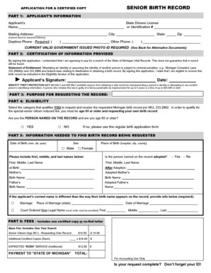Michigan Senior Birth Record Application