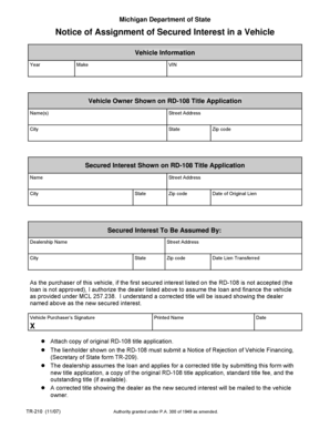 Michigan Notice of Assignment of Secured Interest in a Vehicle