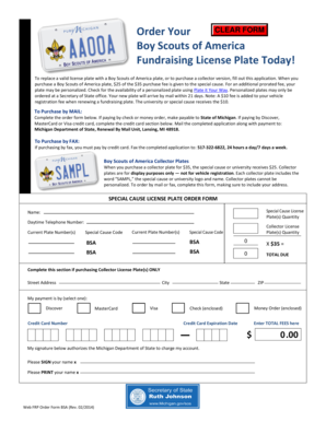 Boy Scouts of America Fundraising License Plate Order Form