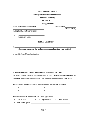 Michigan Formal Telecommunications Complaint