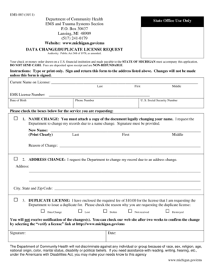Michigan EMS License Data Change Form