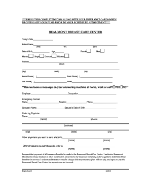 Beaumont Breast Care Center Patient Form