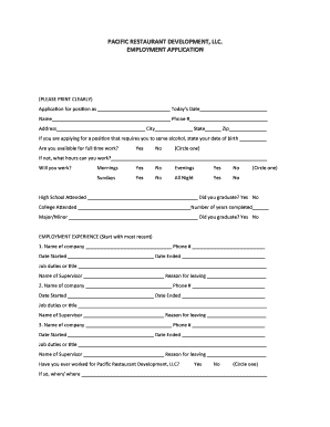 Pacific Restaurant Development Employment Application