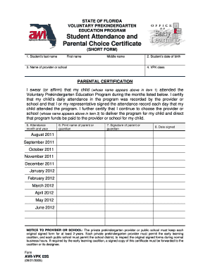 Florida VPK Student Attendance and Parental Choice Certificate