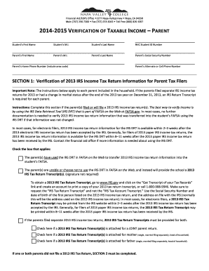 2014-2015 Verification of Taxable Income – Parent