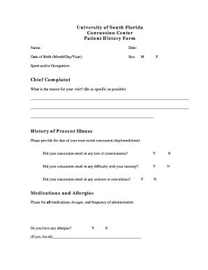 University of South Florida Concussion Center Patient History Form