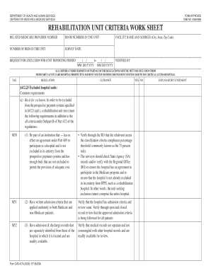 Rehabilitation Unit Criteria Worksheet