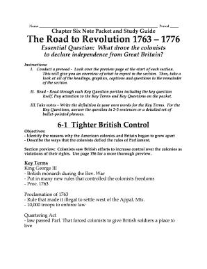 The Road to Revolution 1763 – 1776 Study Guide