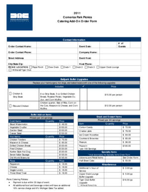 Comerica Park Picnic Catering Add-On Order Form