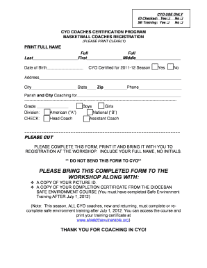 CYO Basketball Coaches Registration Form