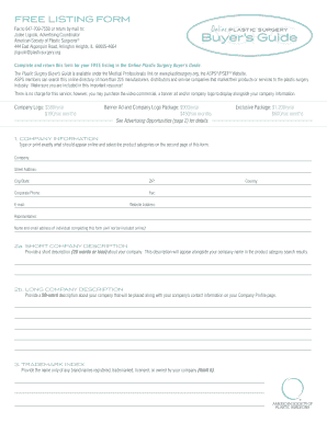 Free Listing Form for Plastic Surgery Buyer’s Guide
