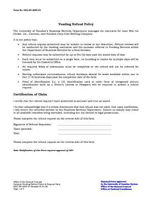 University of Houston Vending Refund Request Form