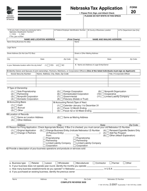 Nebraska Tax Application Form 20
