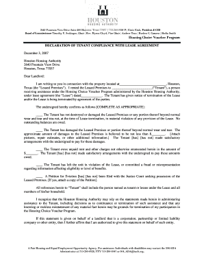 Declaration of Tenant Compliance with Lease Agreement