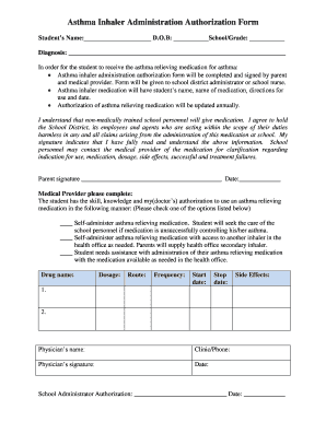 Asthma Inhaler Administration Authorization Form