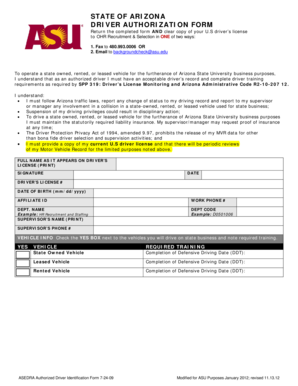 Arizona State University Driver Authorization Form
