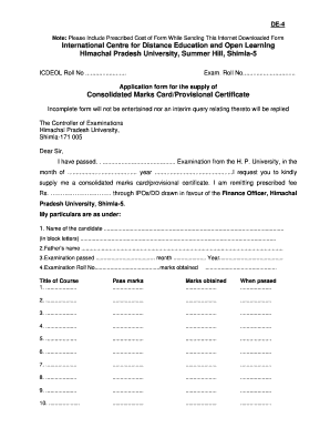 Himachal Pradesh University Consolidated Marks Card Application