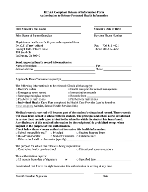 HIPAA Compliant Release of Information Form ... - Health Services - health troup k12 ga