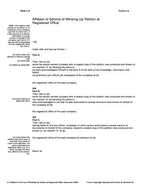 Form 4.4 - Affidavit of service of winding up petition at registered office