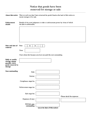 Notice of Goods Removal for Storage or Sale