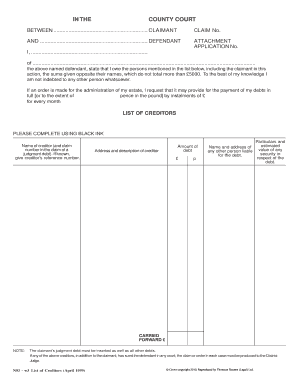 UK List of Creditors Form