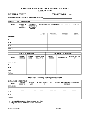 Maryland School Health Screening Statistics Form