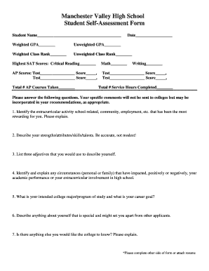 Manchester Valley High School Student Self-Assessment Form - carrollk12