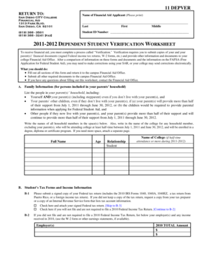 2011-2012 Dependent Student Verification Worksheet