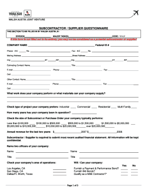 Subcontractor Supplier Questionnaire