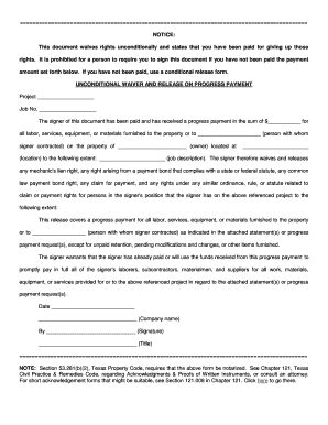 Unconditional Waiver and Release on Progress Payment