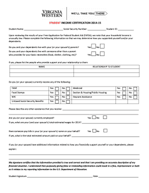Student Income Certification Form 2014-15
